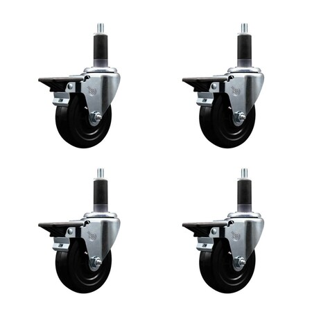 Service Caster 4'' Soft Rubber Swivel 1-1/8'' Expanding Stem Caster Set with Brake, 4PK SCC-EX20S414-SRS-PLB-118-4